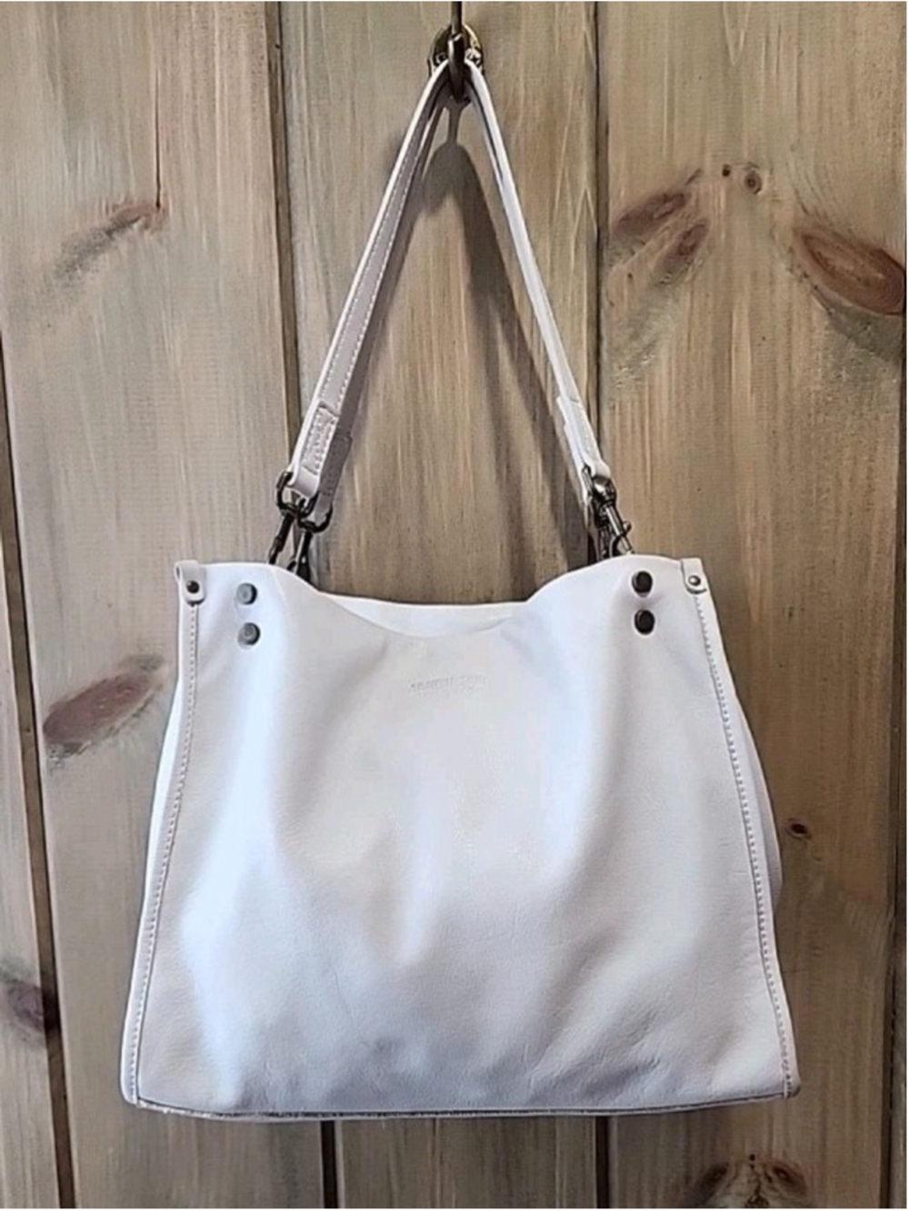 American Leather Co Lenox Triple Entry Satchel Bag Studded Beige Ivory Purse